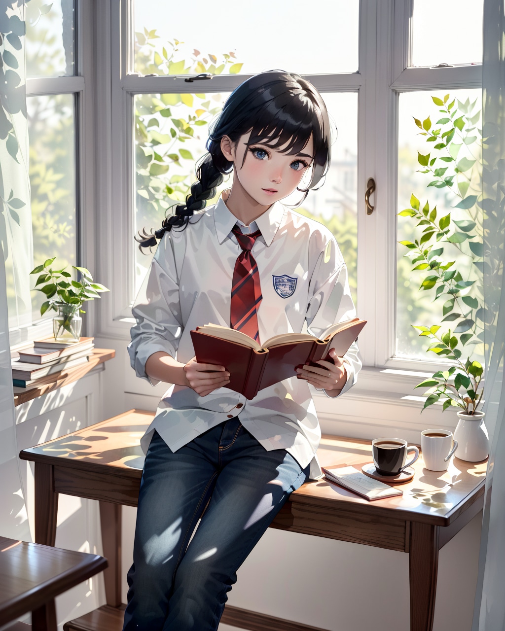 窓辺て本を読んでいる(透明水彩)