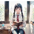 窓辺て本を読んでいる(透明水彩) 2枚目