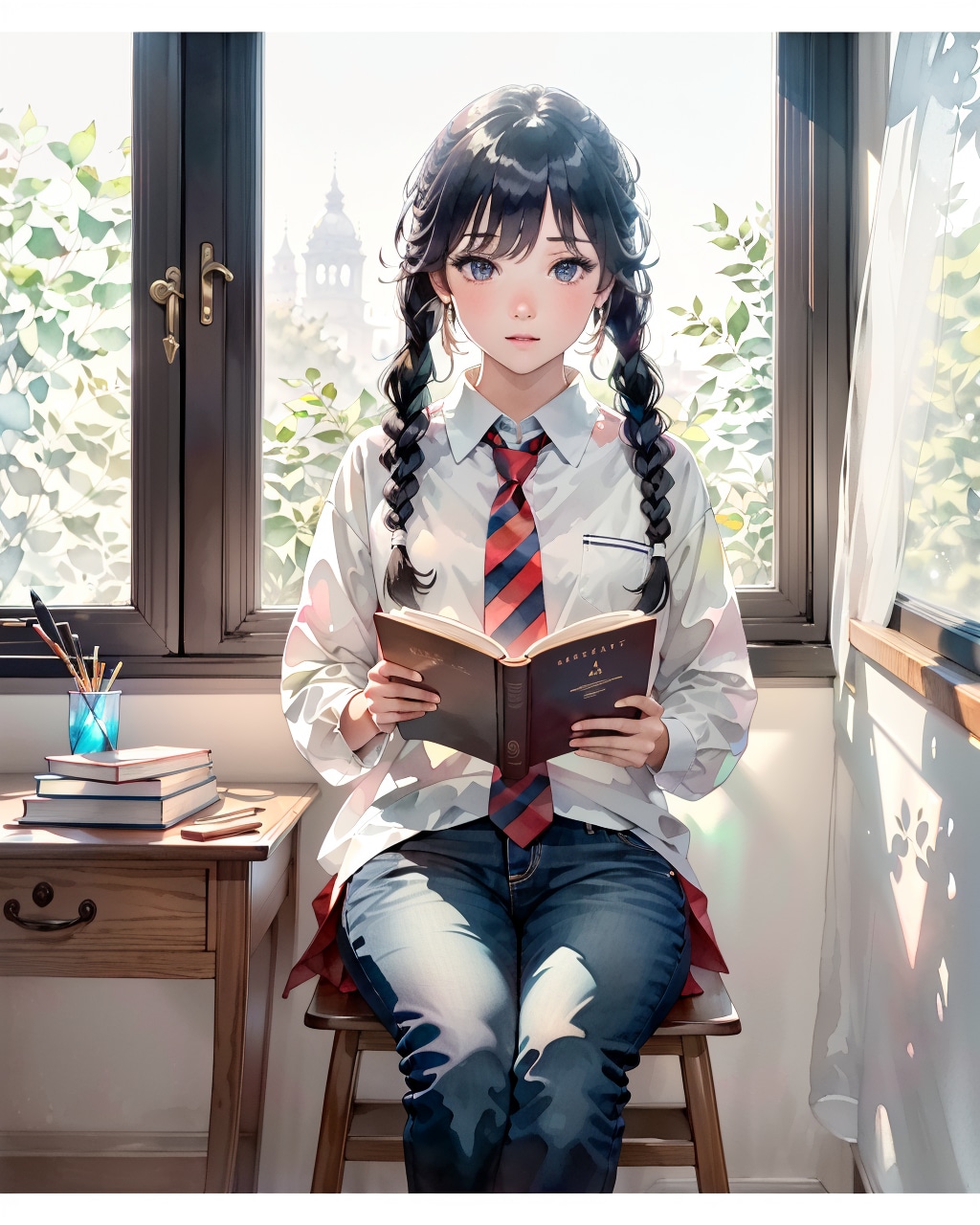 窓辺て本を読んでいる(透明水彩)
