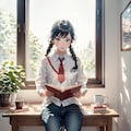 窓辺て本を読んでいる(透明水彩) 7枚目
