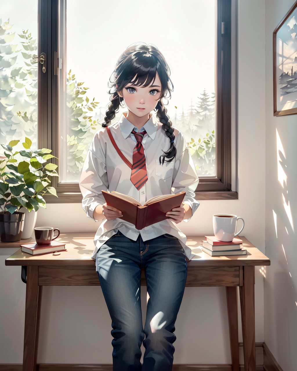 窓辺て本を読んでいる(透明水彩)