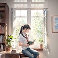 窓辺て本を読んでいる(透明水彩) 12枚目