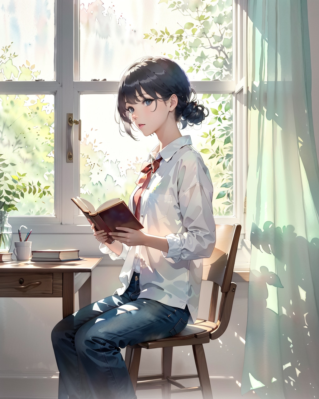 窓辺て本を読んでいる(透明水彩)