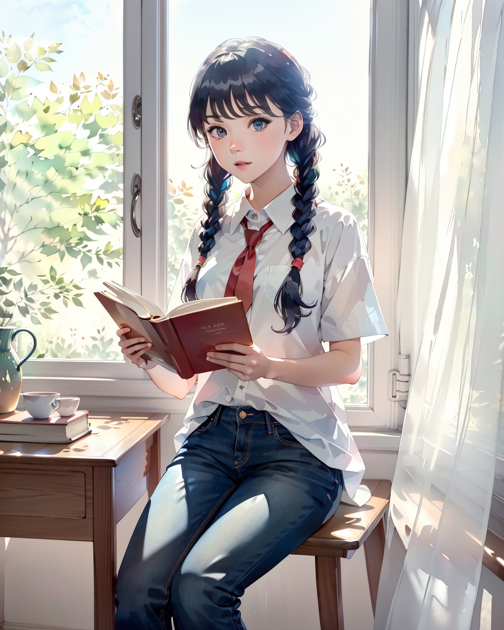窓辺て本を読んでいる(透明水彩)