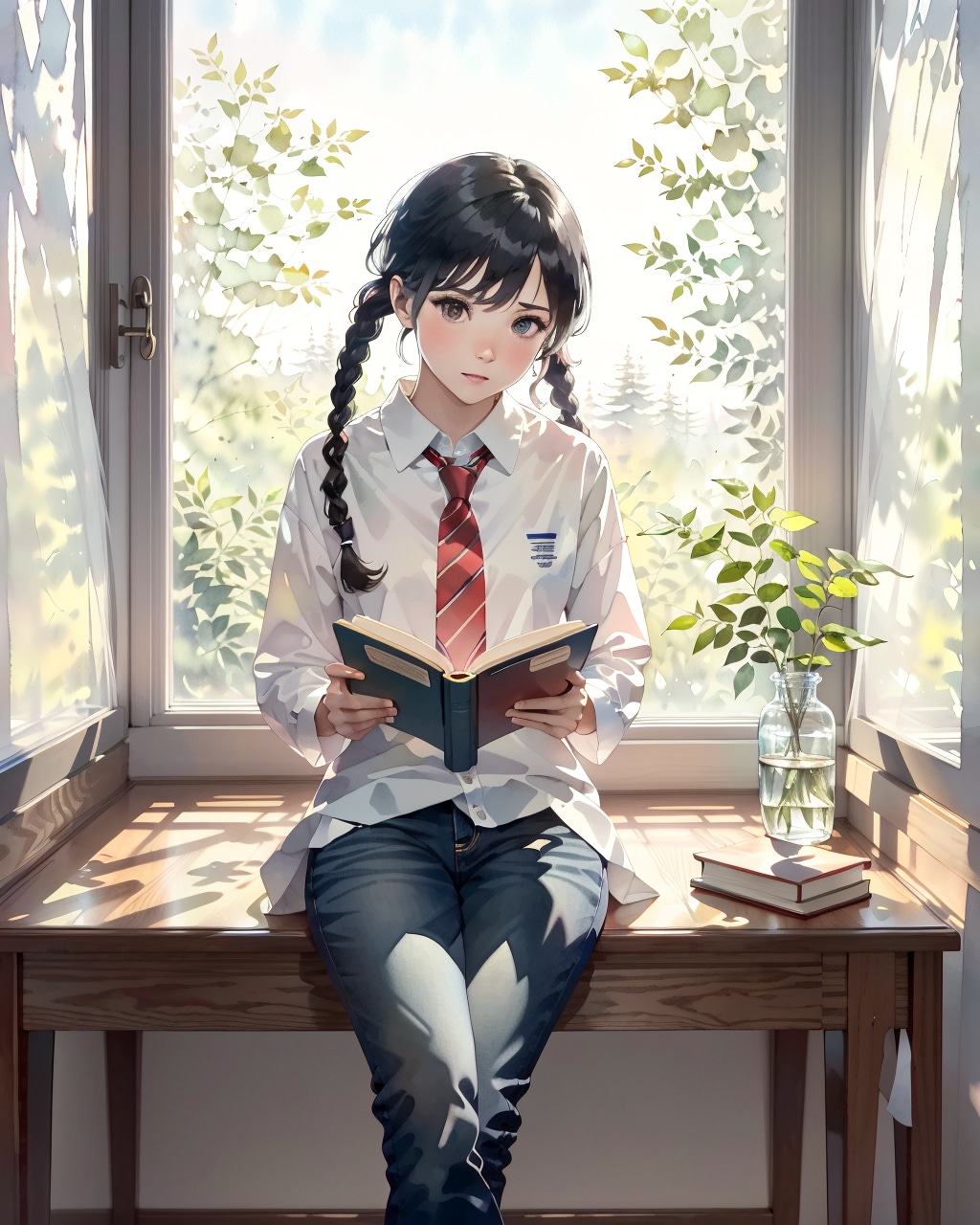 窓辺て本を読んでいる(透明水彩)