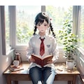窓辺て本を読んでいる(透明水彩) 8枚目