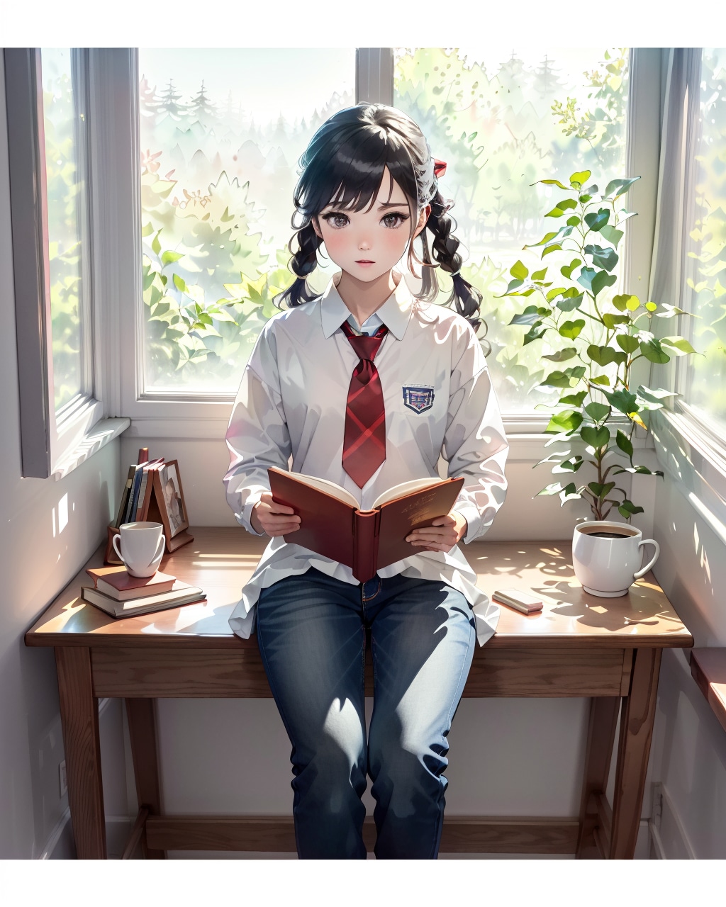 窓辺て本を読んでいる(透明水彩)