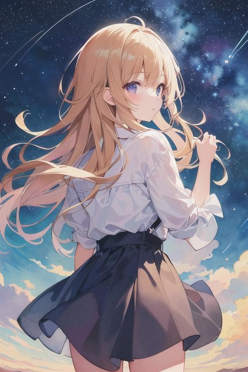 丘の上の星空と少女