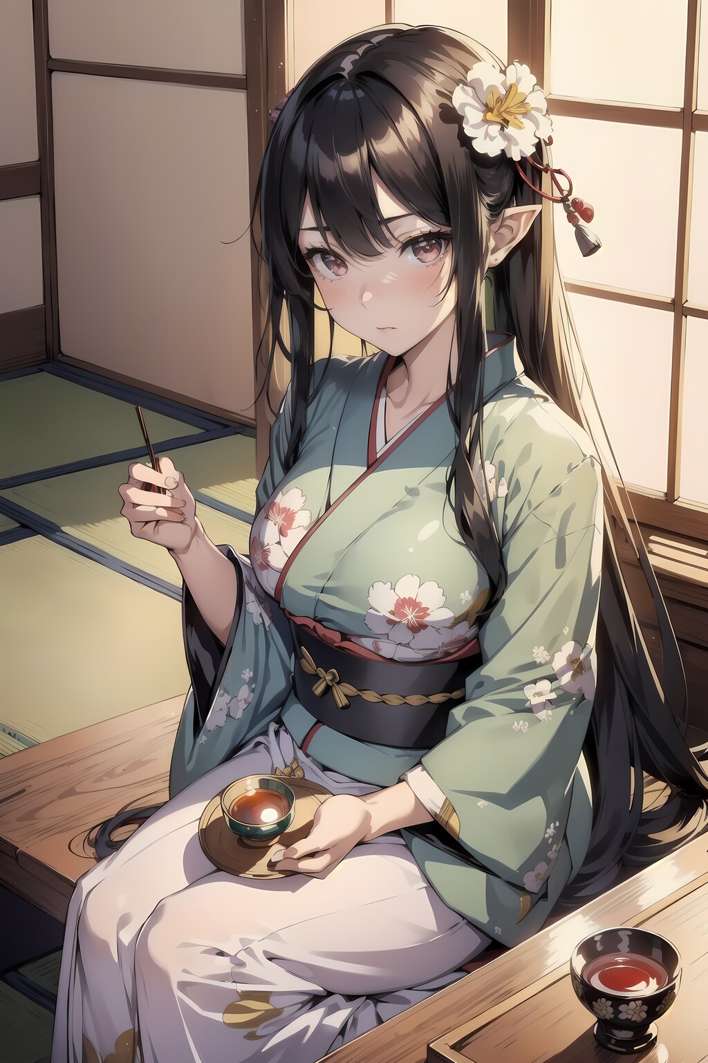 茶道を嗜む和風黒髪エルフさん