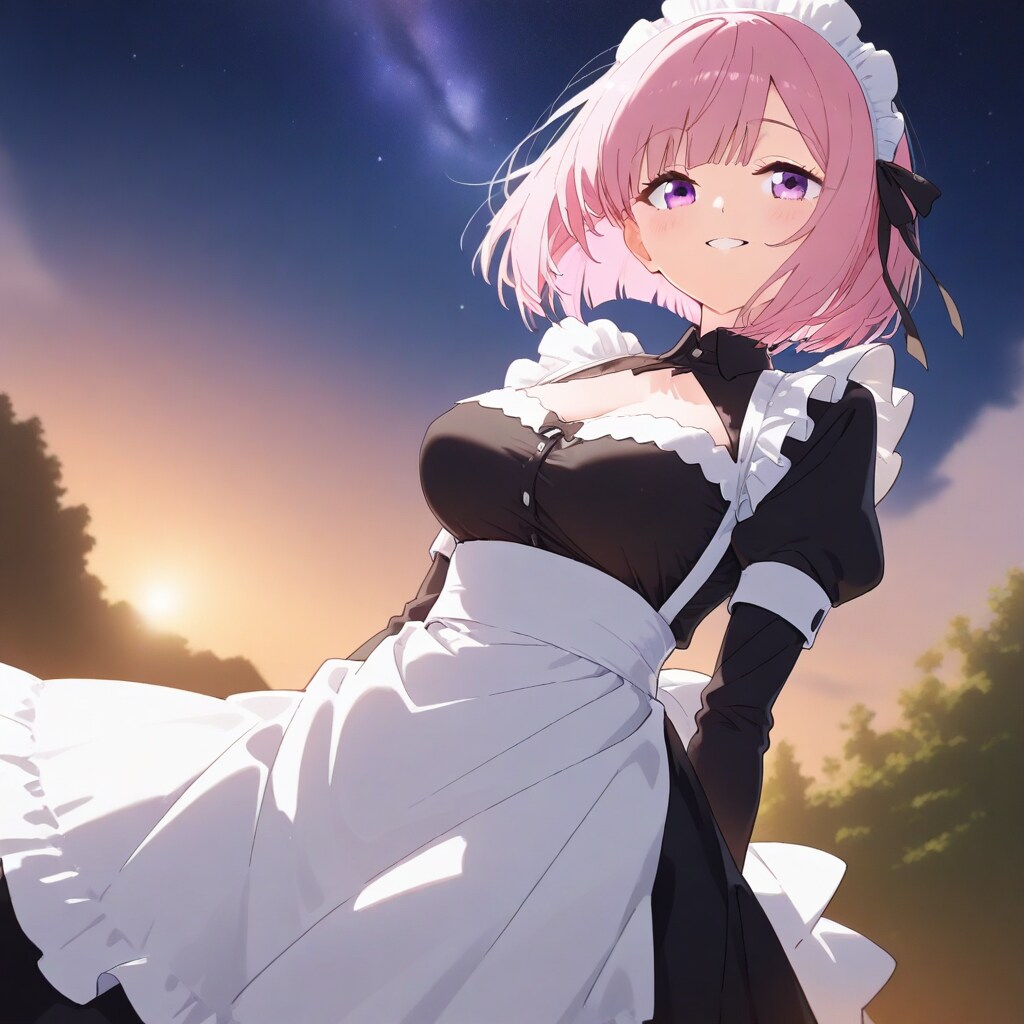 冬日の出ピンクの髪の黒メイド　弾