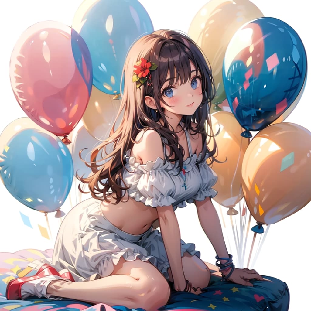 いっぱい風船を持つ赤い髪ロングの天使の美女。 | の人気AIイラスト・グラビア