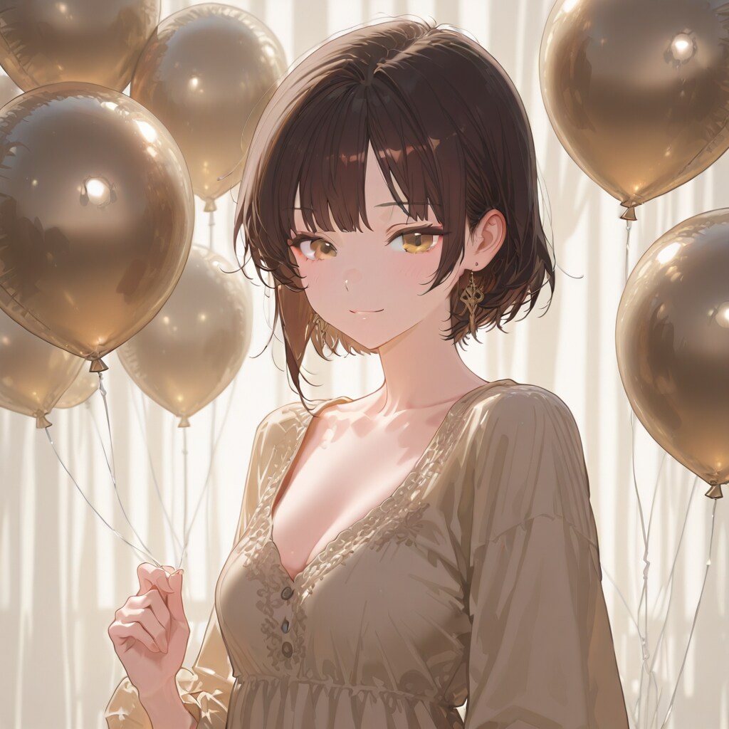 いっぱい風船を持つブラウンショートカットのブラウス着た美女 | の人気AIイラスト・グラビア