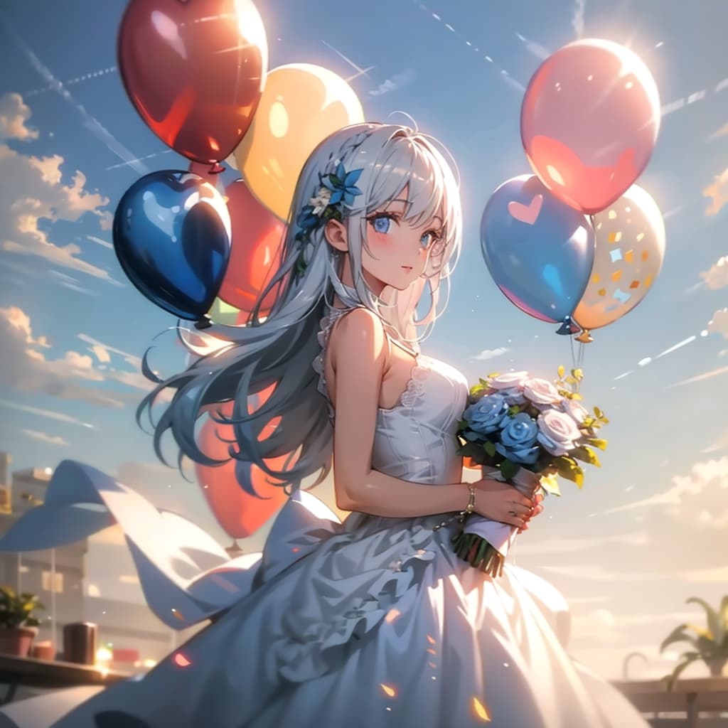 いっぱい色とりどりの風船を持つ銀髪ロングのウェディングドレス着た美女 | の人気AIイラスト・グラビア