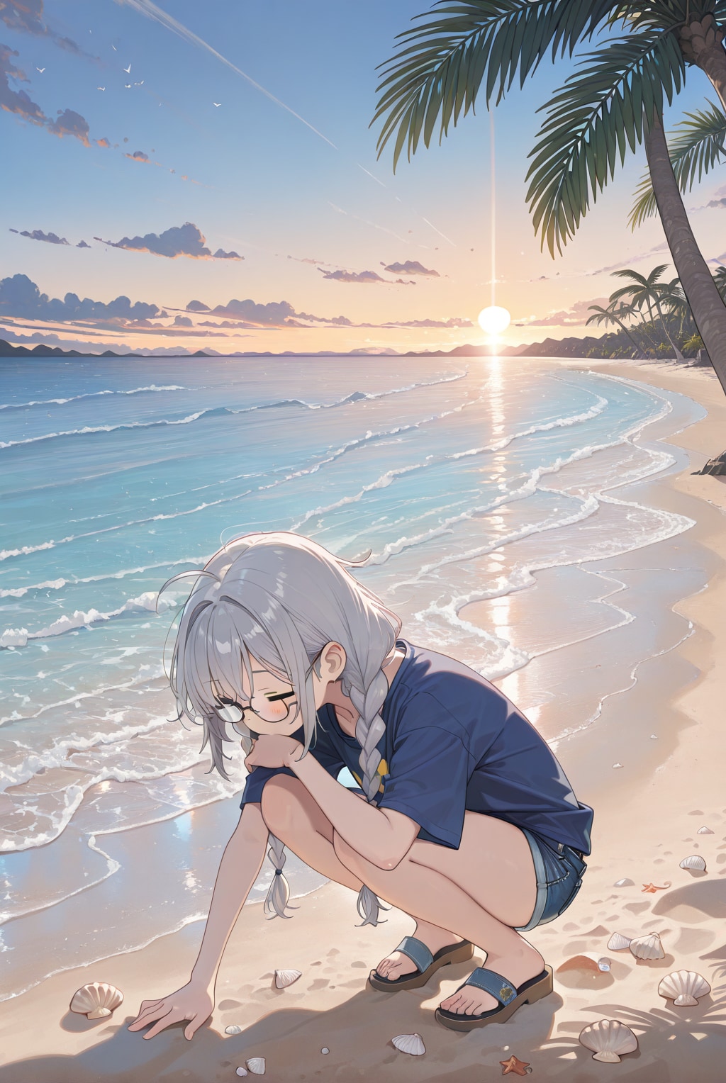 朝の浜辺を散策するちゃうねんガール