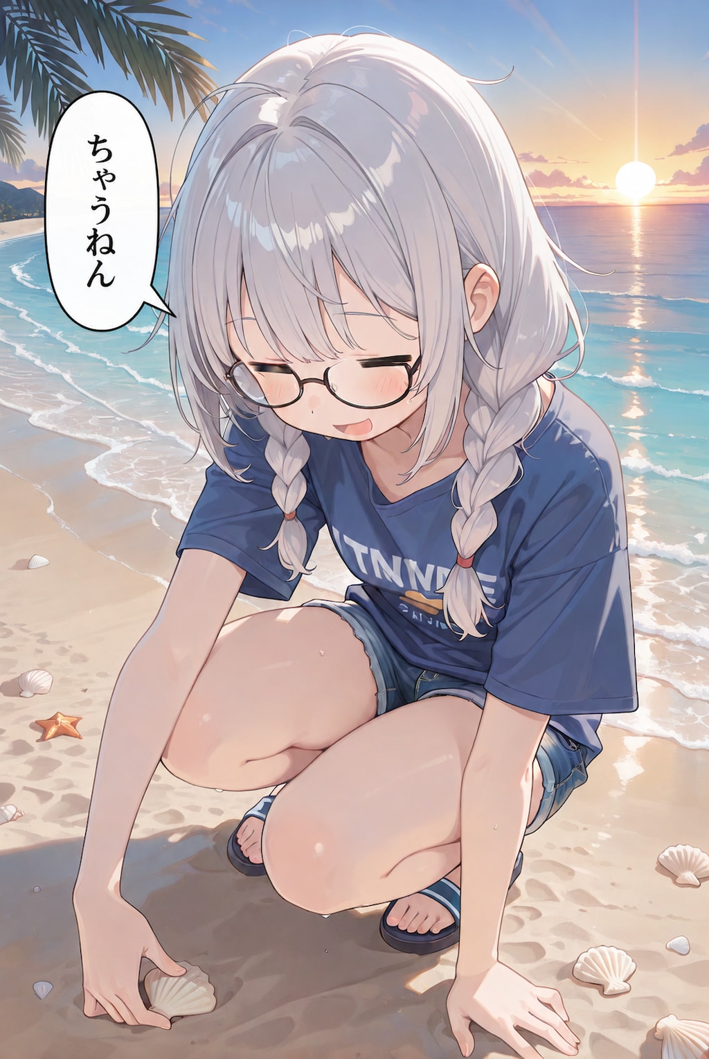 朝の浜辺を散策するちゃうねんガール