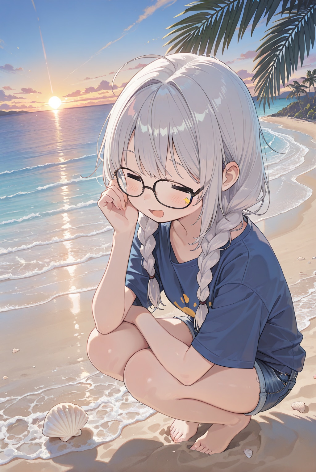 朝の浜辺を散策するちゃうねんガール