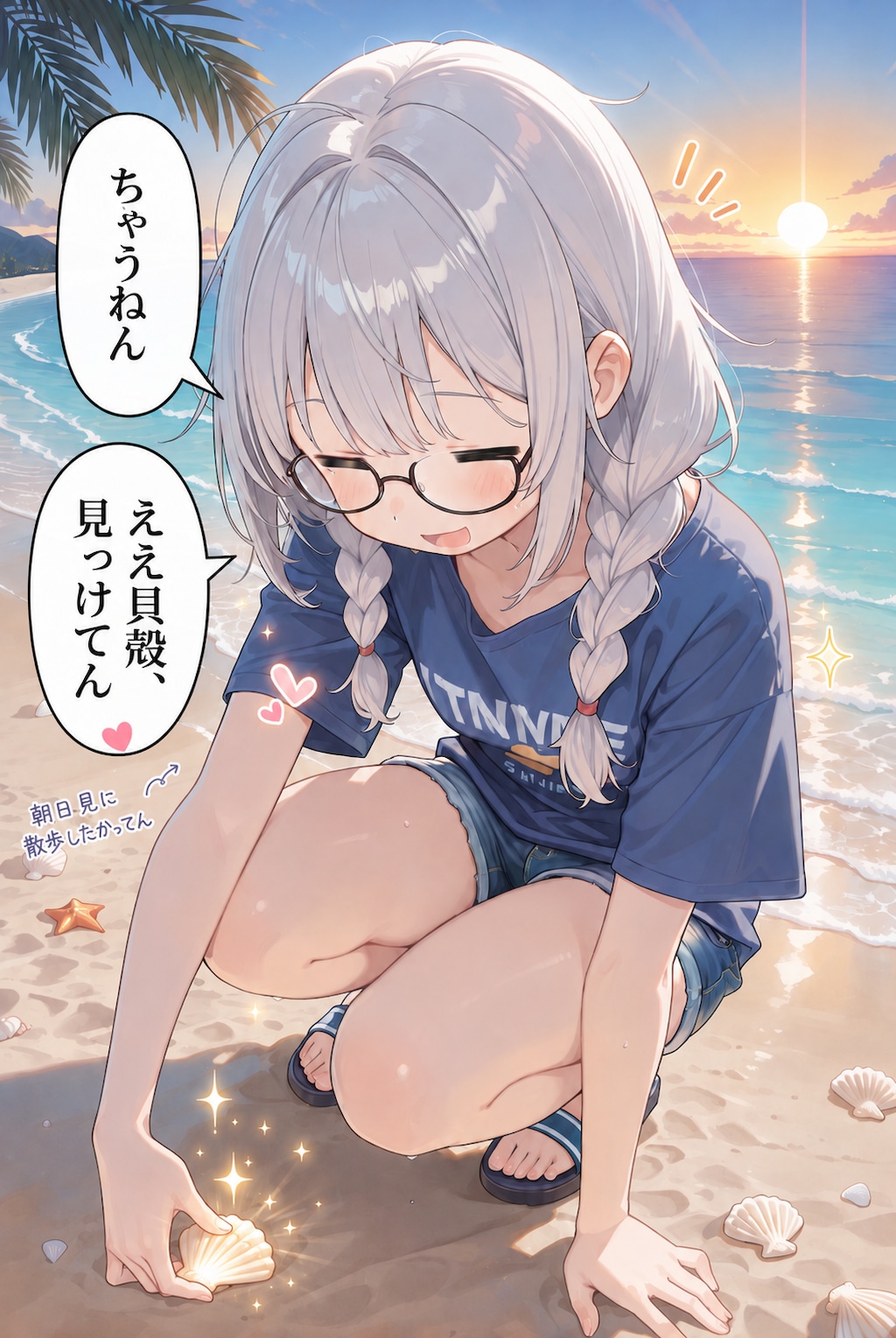 朝の浜辺を散策するちゃうねんガール