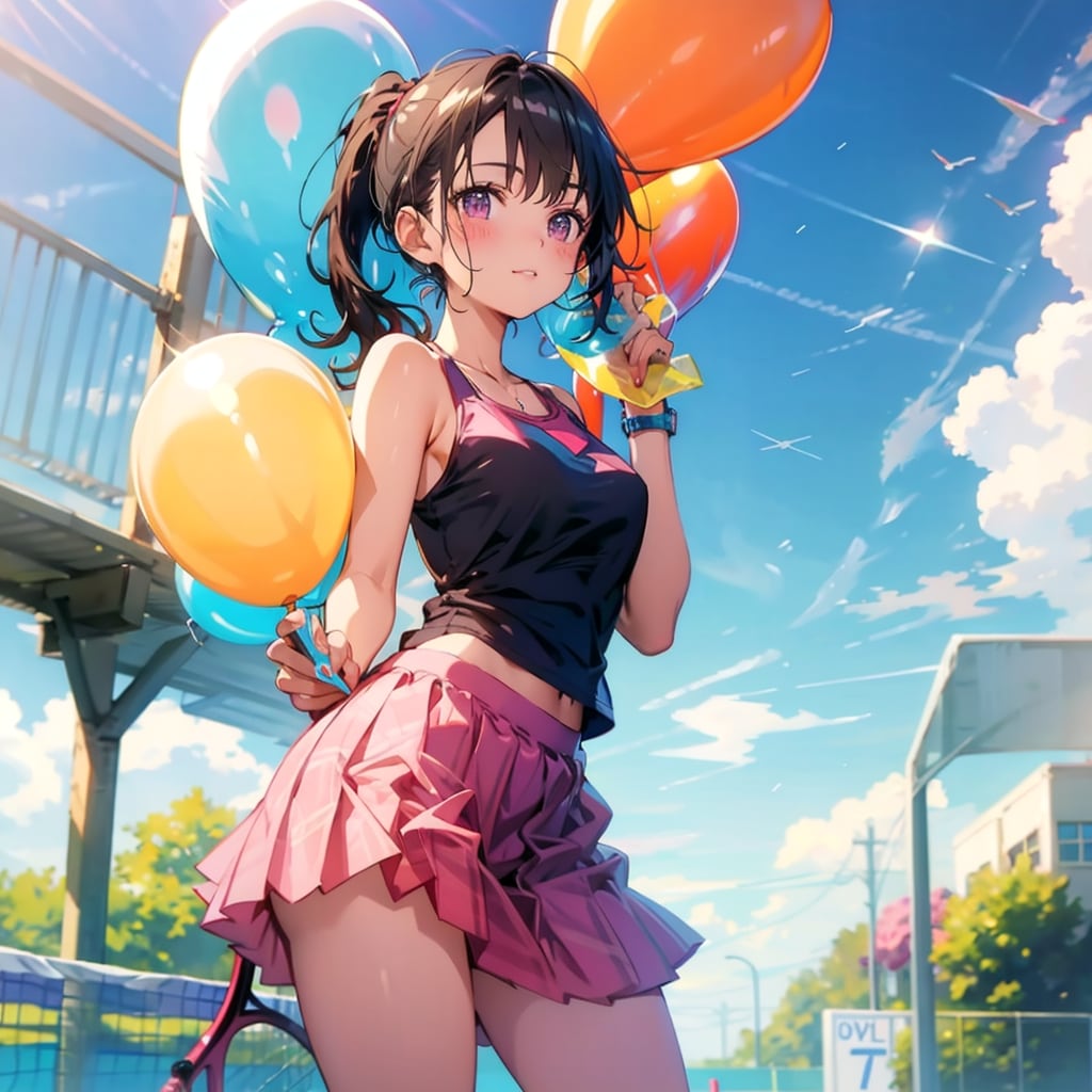 いっぱい色とりどりの風船を持つポニーテールのテニスウェア着た美女