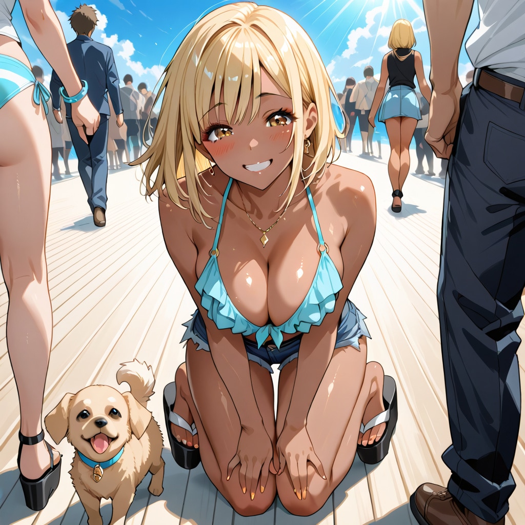 金髪ギャルと子犬