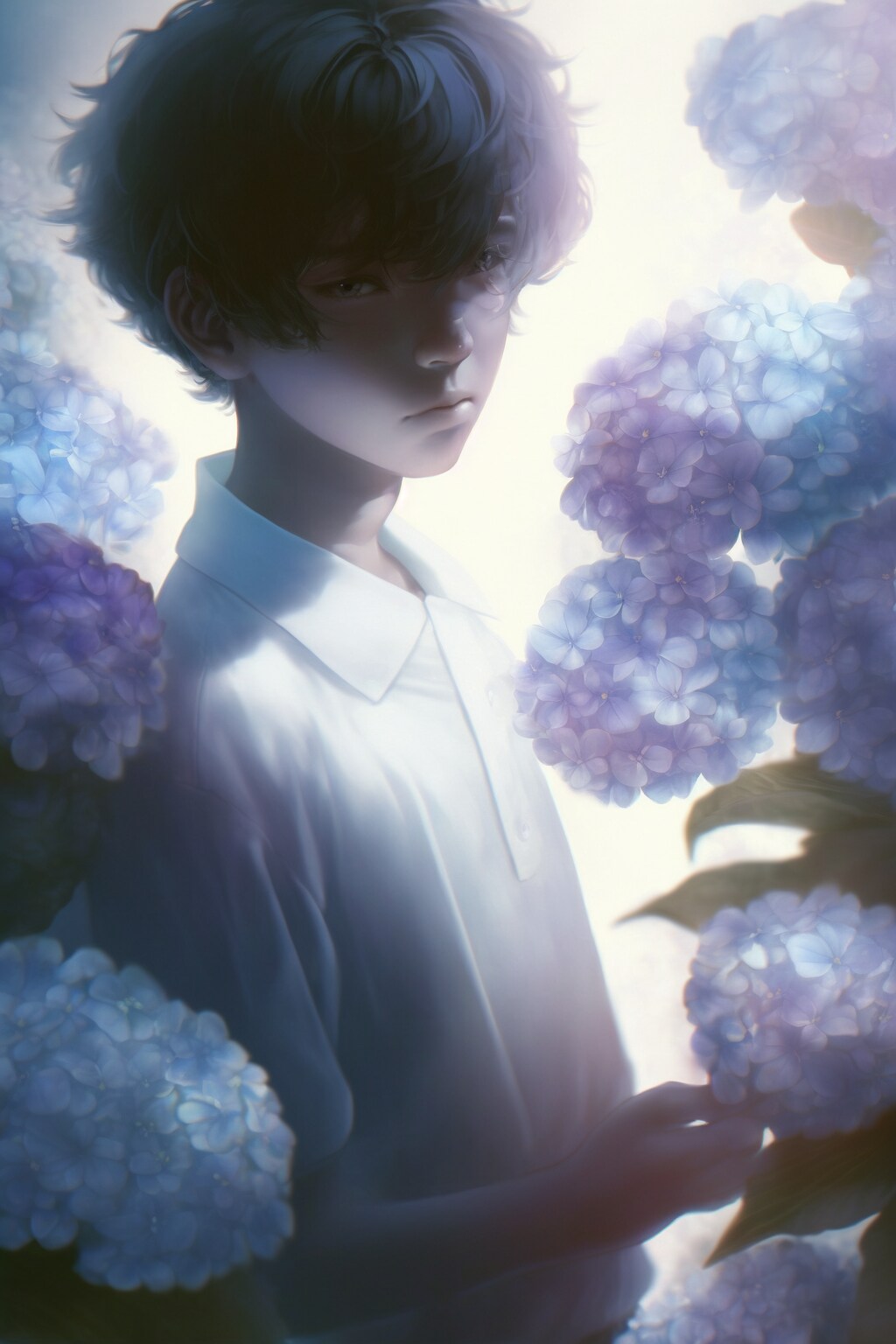 花と男性（紫陽花）