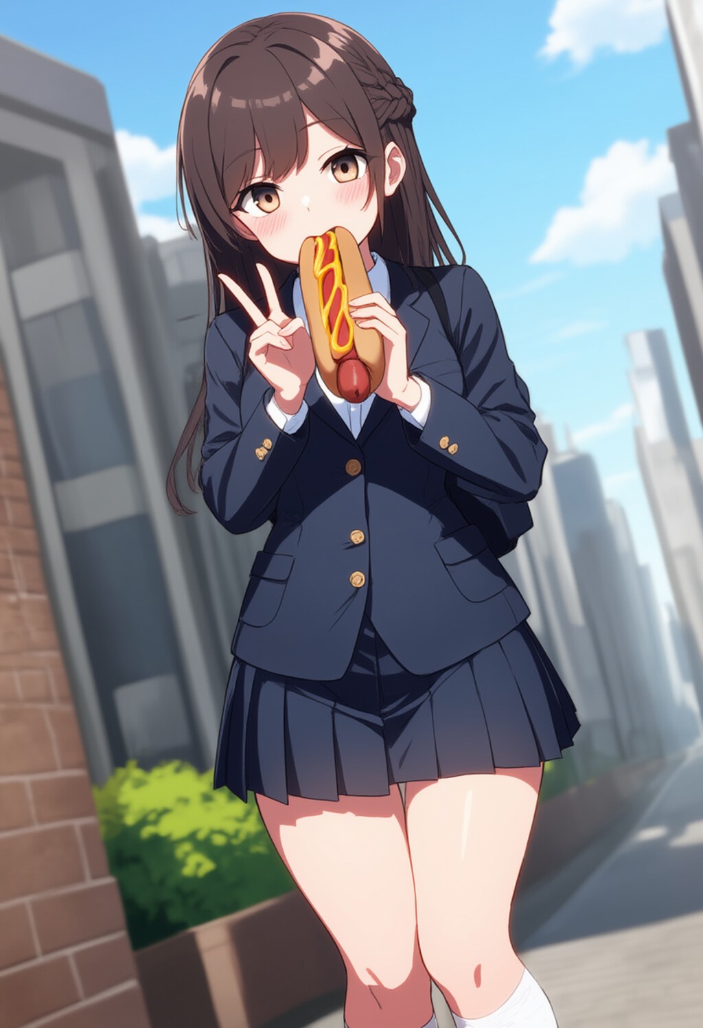 好物のホットドッグを頬張るJKちゃんたち