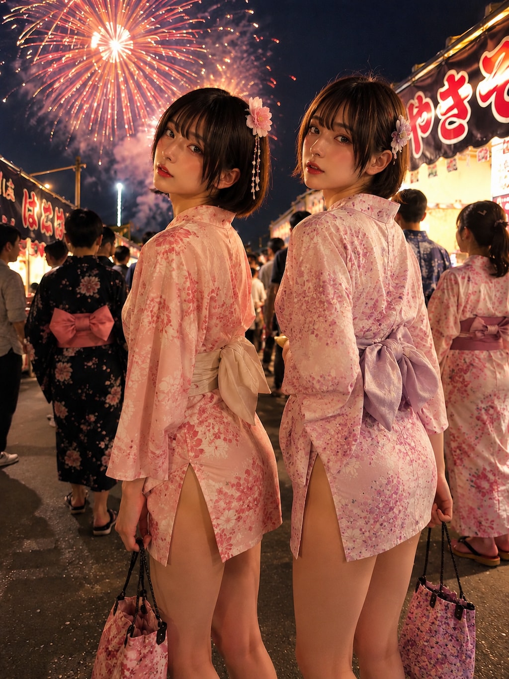 スリットミニ浴衣で花火大会に出かける男の娘