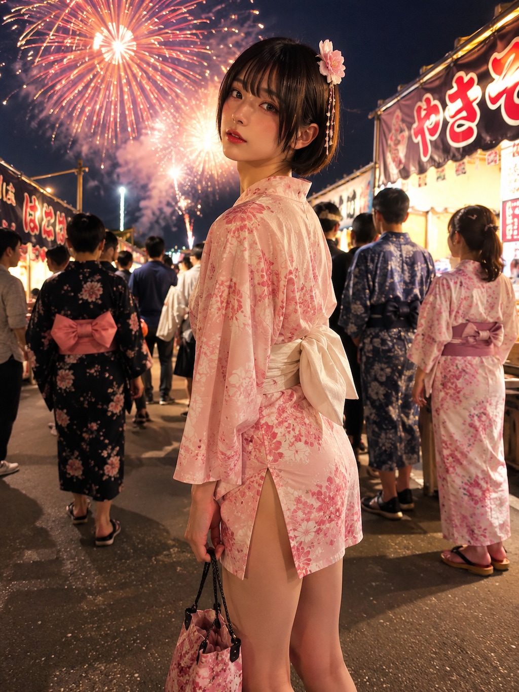 スリットミニ浴衣で花火大会に出かける男の娘