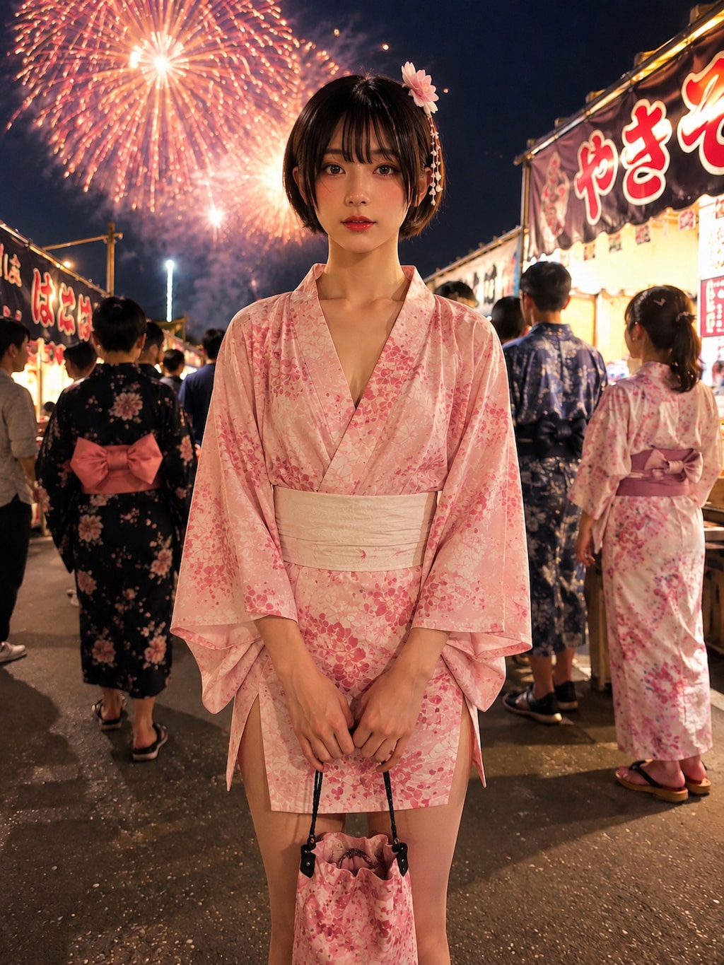 スリットミニ浴衣で花火大会に出かける男の娘