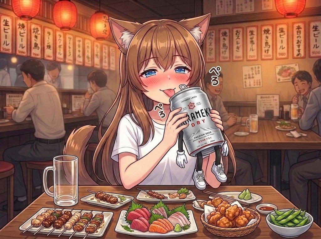 居酒屋で飲む小さな女の子とキラメキちゃん