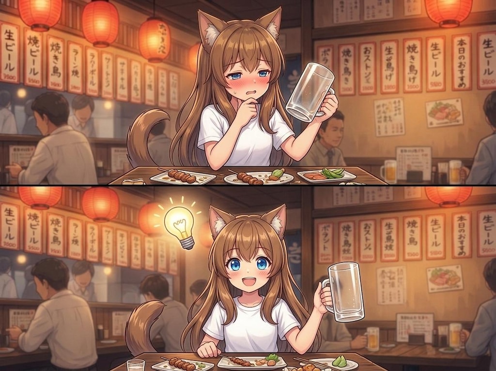 居酒屋で飲む小さな女の子とキラメキちゃん
