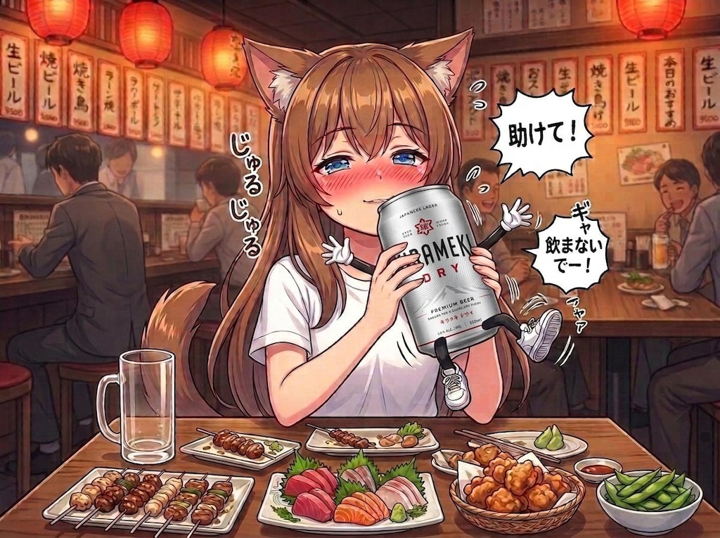 居酒屋で飲む小さな女の子とキラメキちゃん