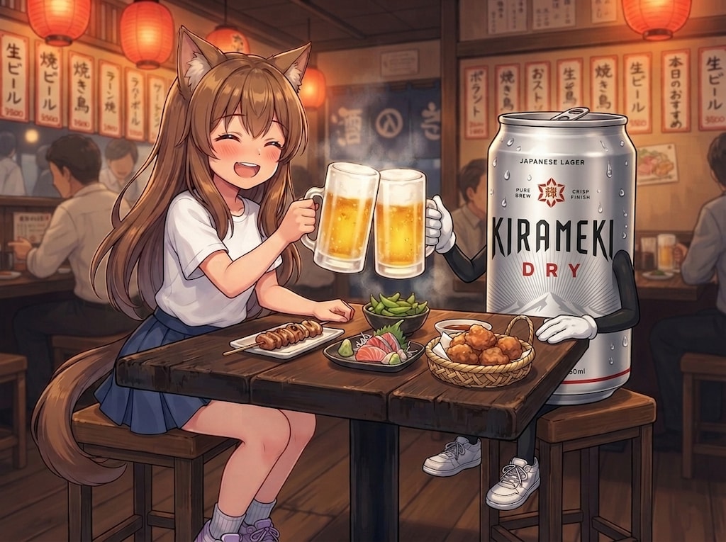 居酒屋で飲む小さな女の子とキラメキちゃん