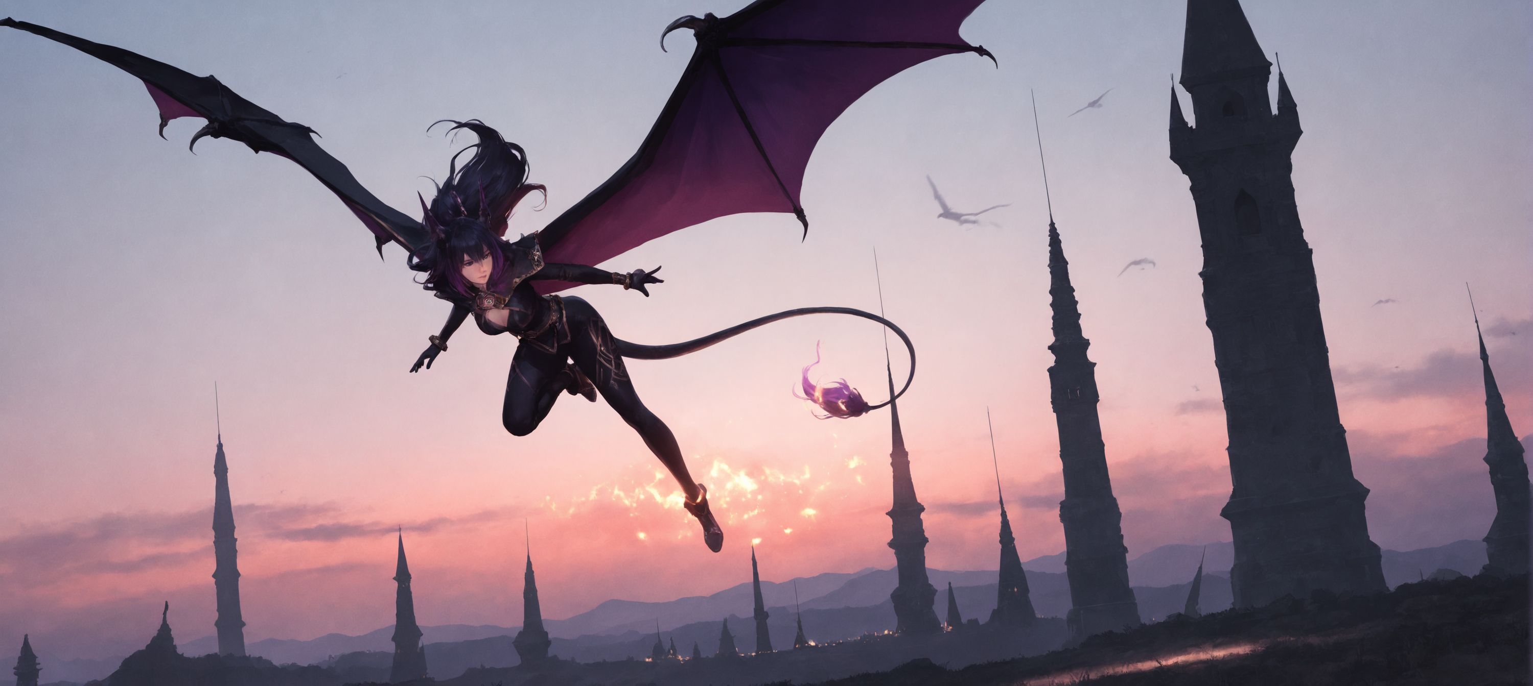 黄昏を駆ける紫翼の魔女 | の人気AIイラスト・グラビア