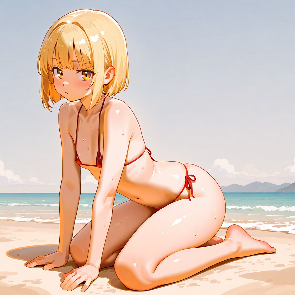 金髪ギャル 浜辺に手をつく