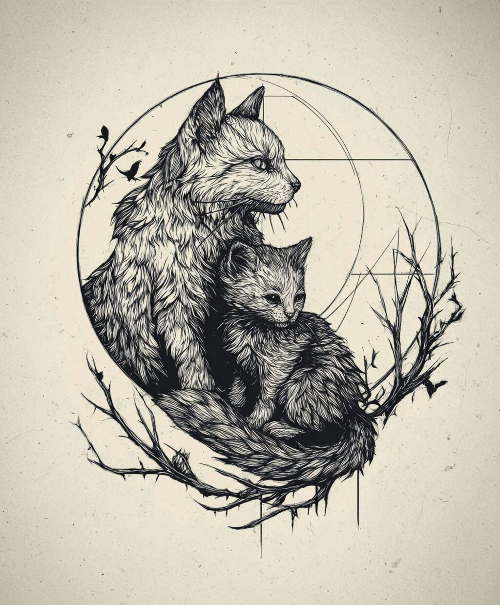 猫の親子-版画風