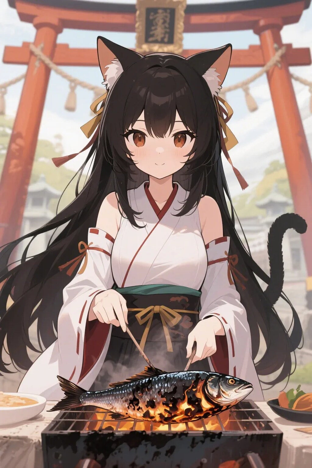 魚を焼くさくらちゃん