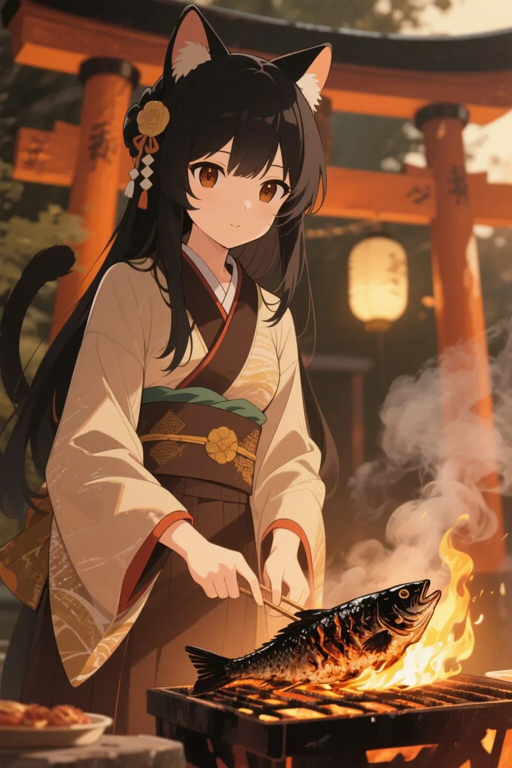 魚を焼くさくらちゃん