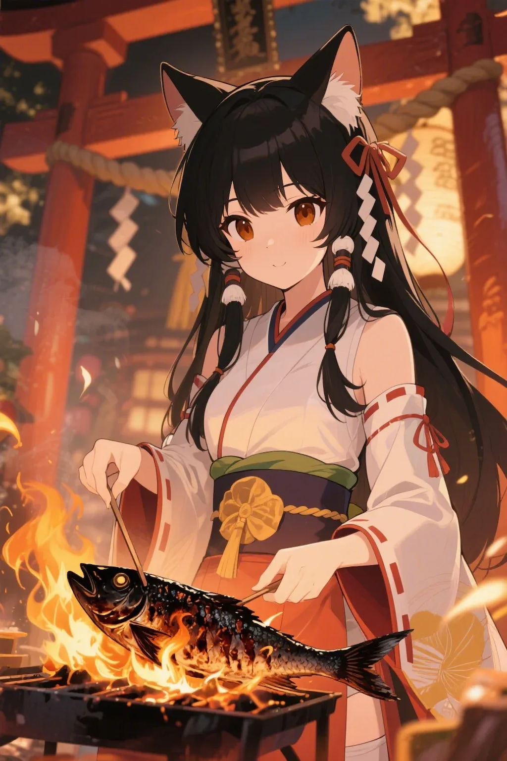 魚を焼くさくらちゃん