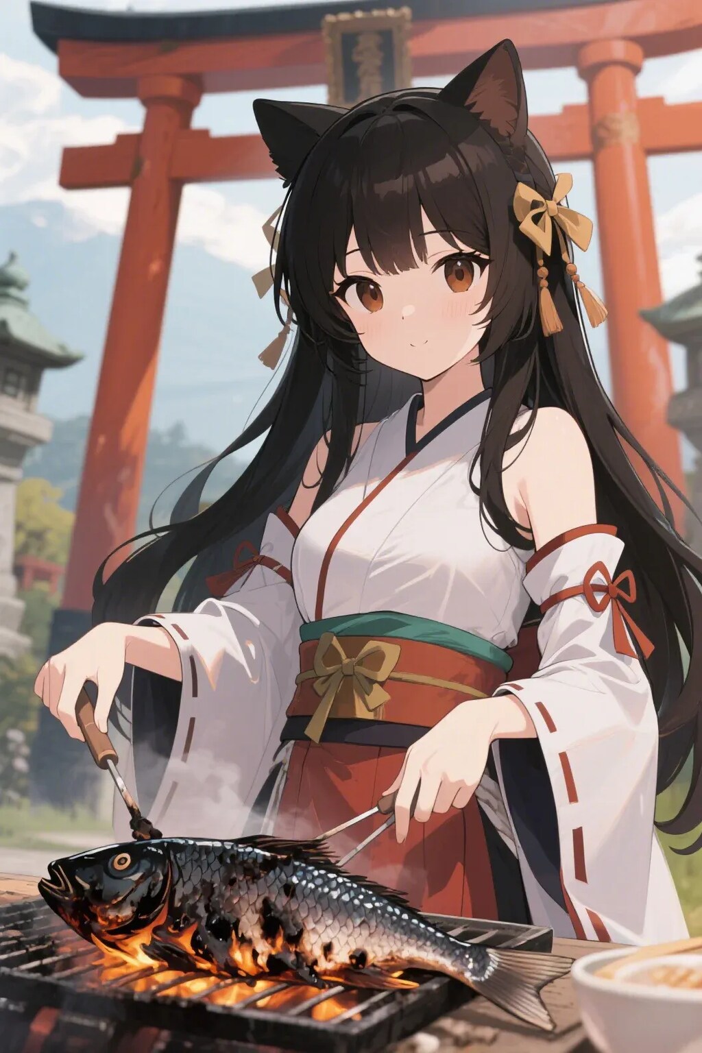 魚を焼くさくらちゃん