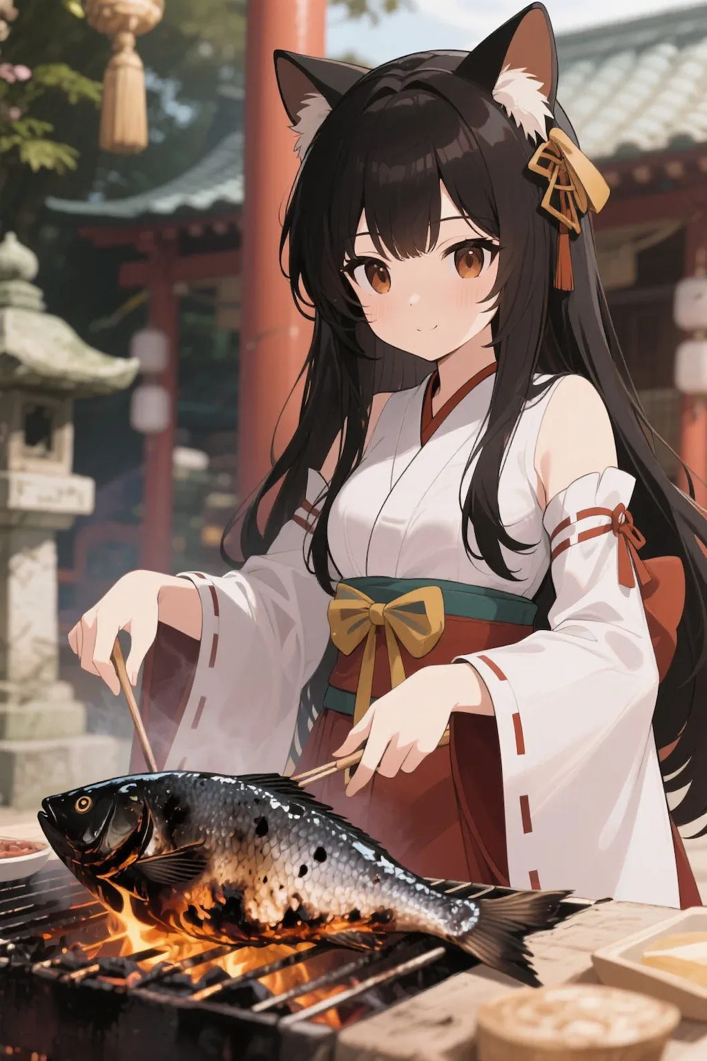 魚を焼くさくらちゃん