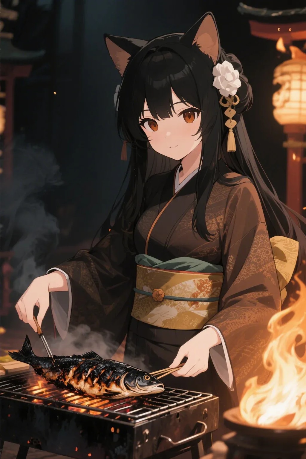 魚を焼くさくらちゃん