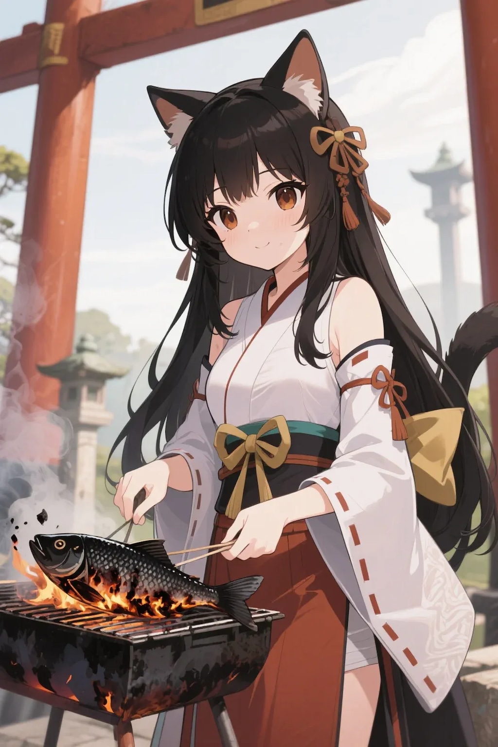 魚を焼くさくらちゃん