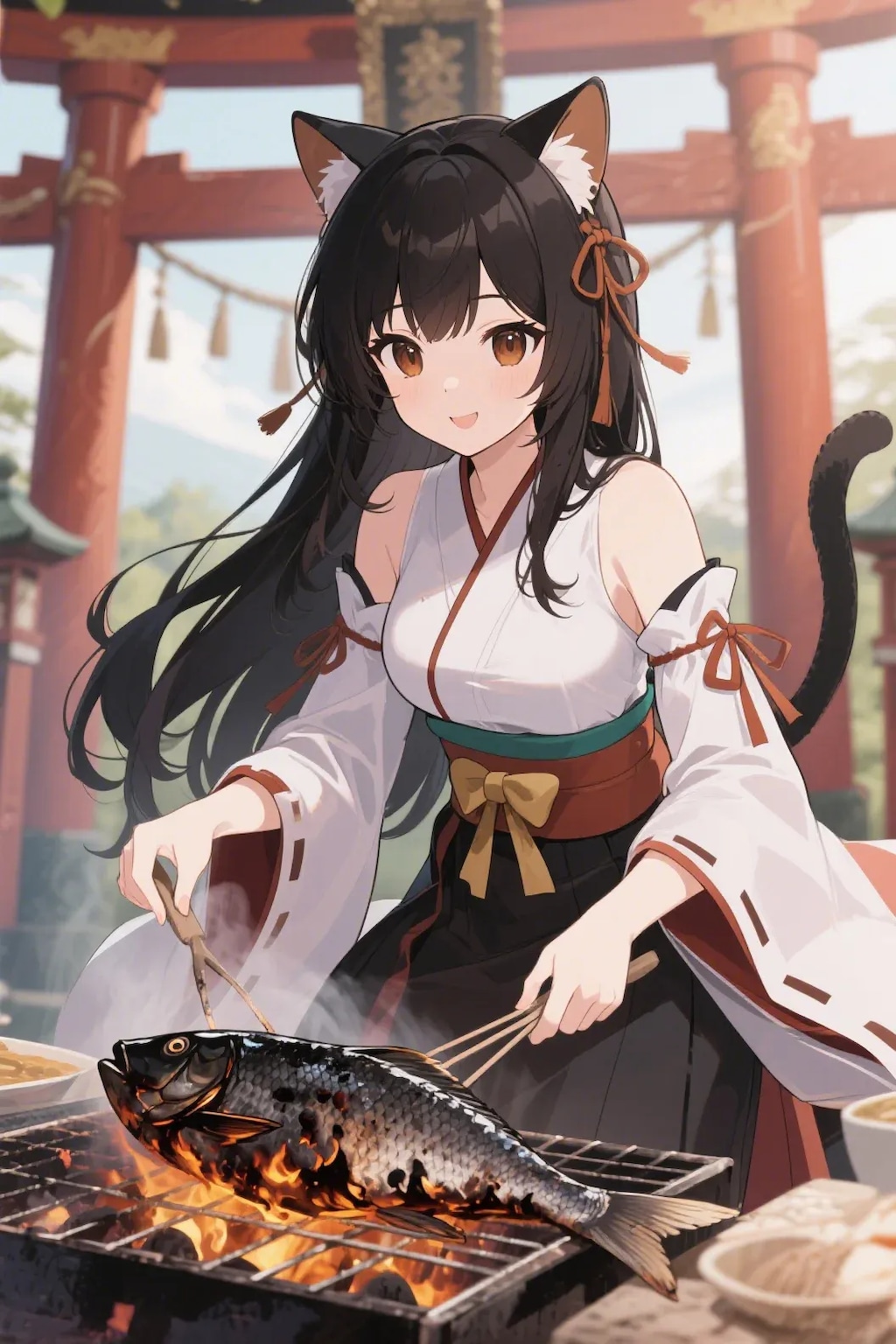 魚を焼くさくらちゃん