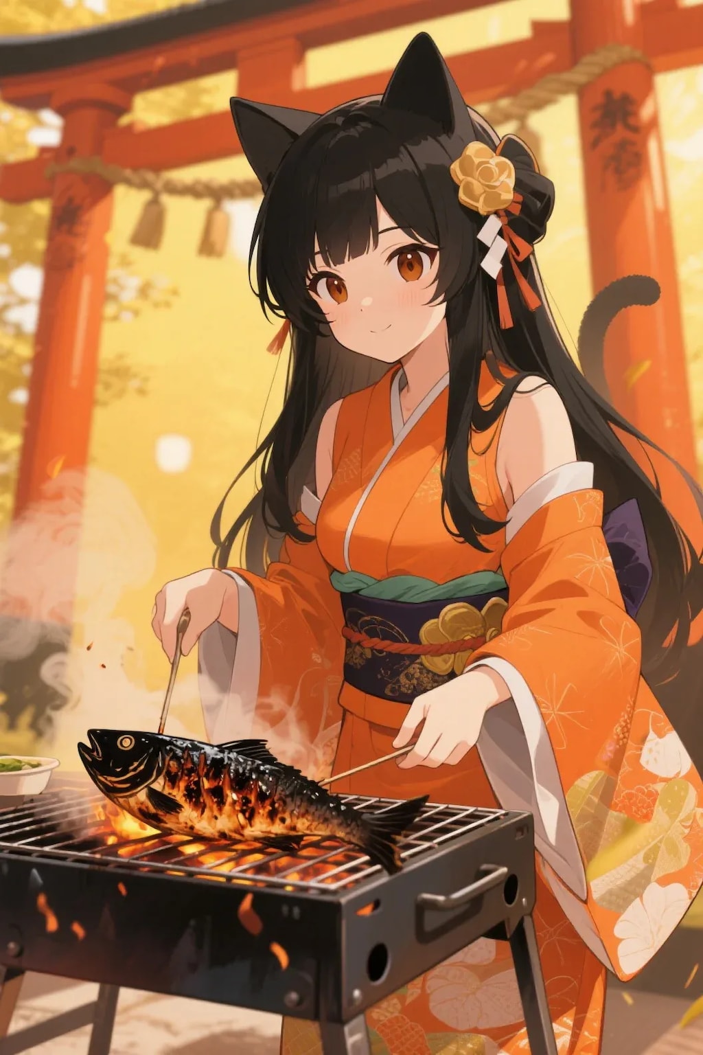 魚を焼くさくらちゃん