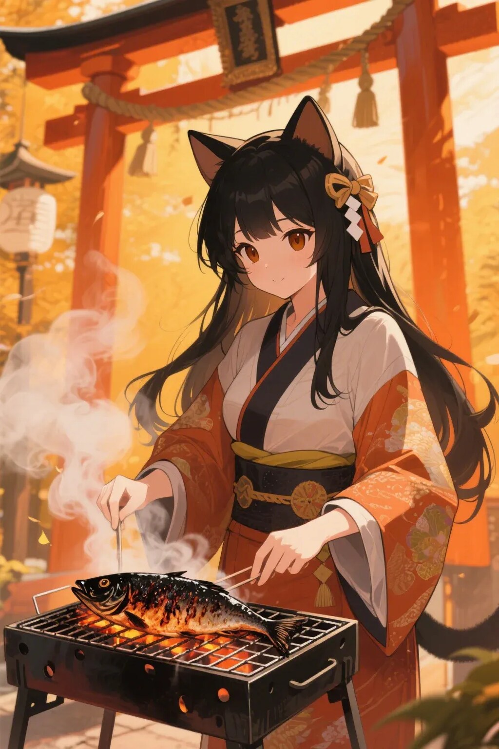 魚を焼くさくらちゃん