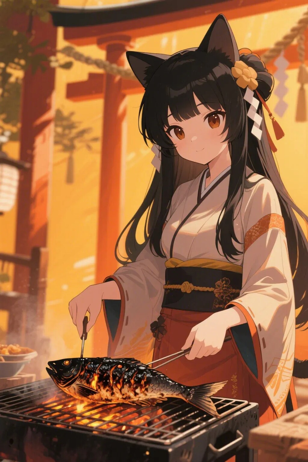 魚を焼くさくらちゃん