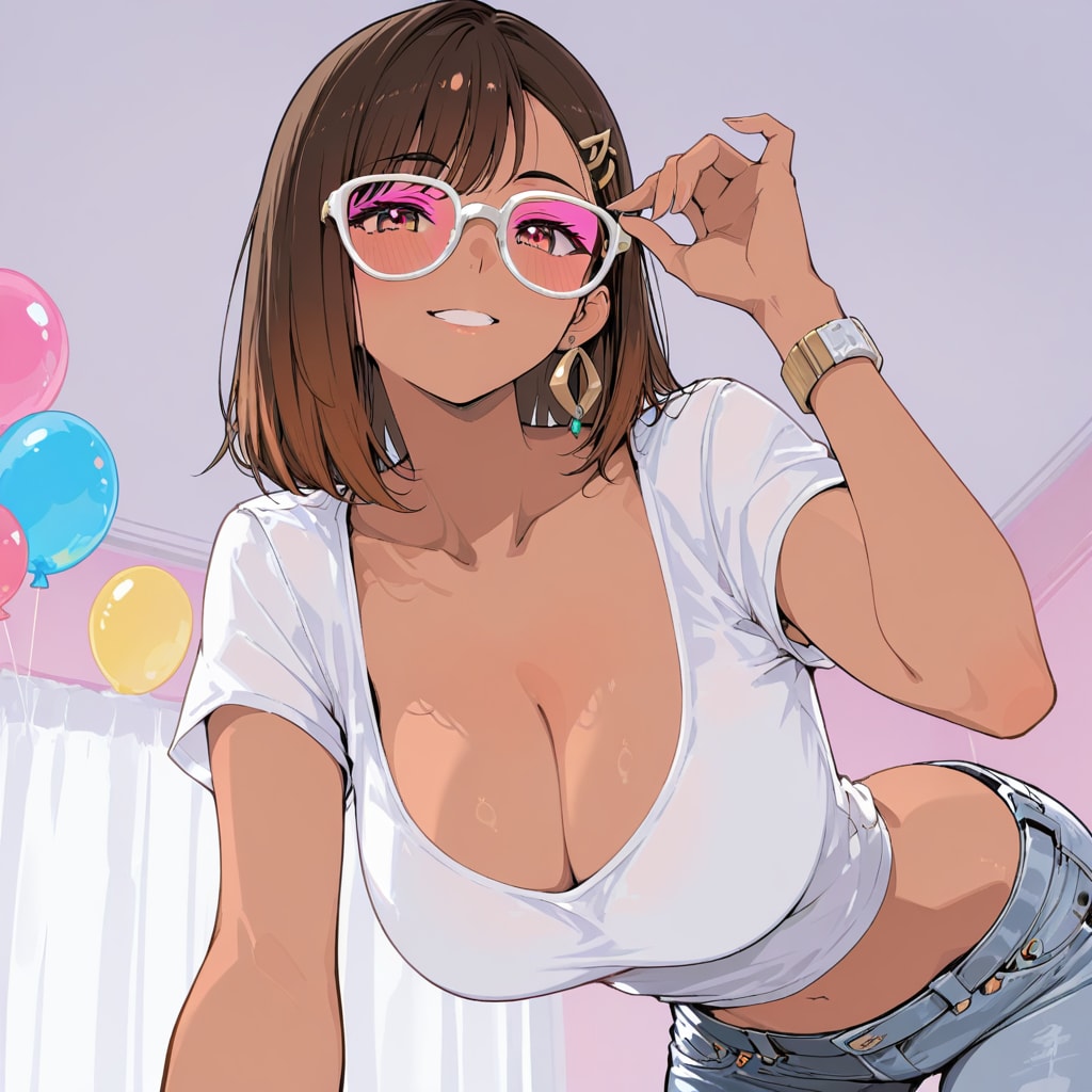 いっぱい色とりどりの風船を持つブラウンショートカットのメガネかけた白いTシャツジーパン着た美女