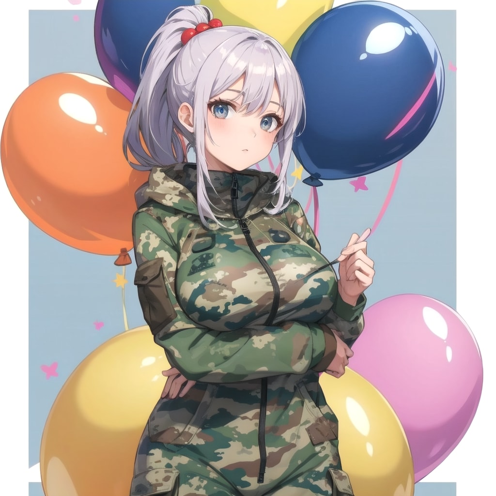いっぱい色とりどりの風船を持つ銀髪ポニーテールの迷彩服着た美女