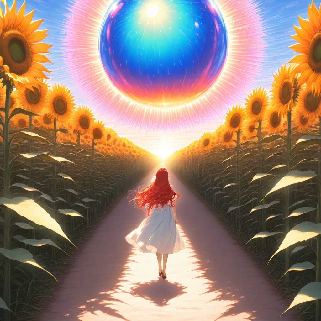 ひまわり畑で巨大風船を持つ赤い髪のお姫様 | の人気AIイラスト・グラビア