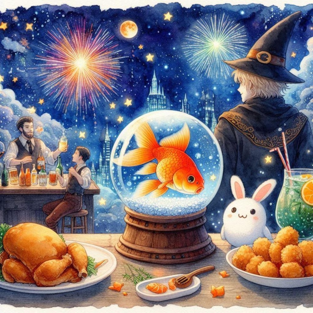 金魚と花火大会浴衣コスプレ人妻唐揚げダンス&水彩画スノードーム風金魚鉢